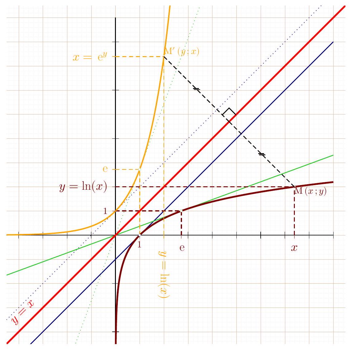 Symétrie des courbes ln et exp par rapport à y=x